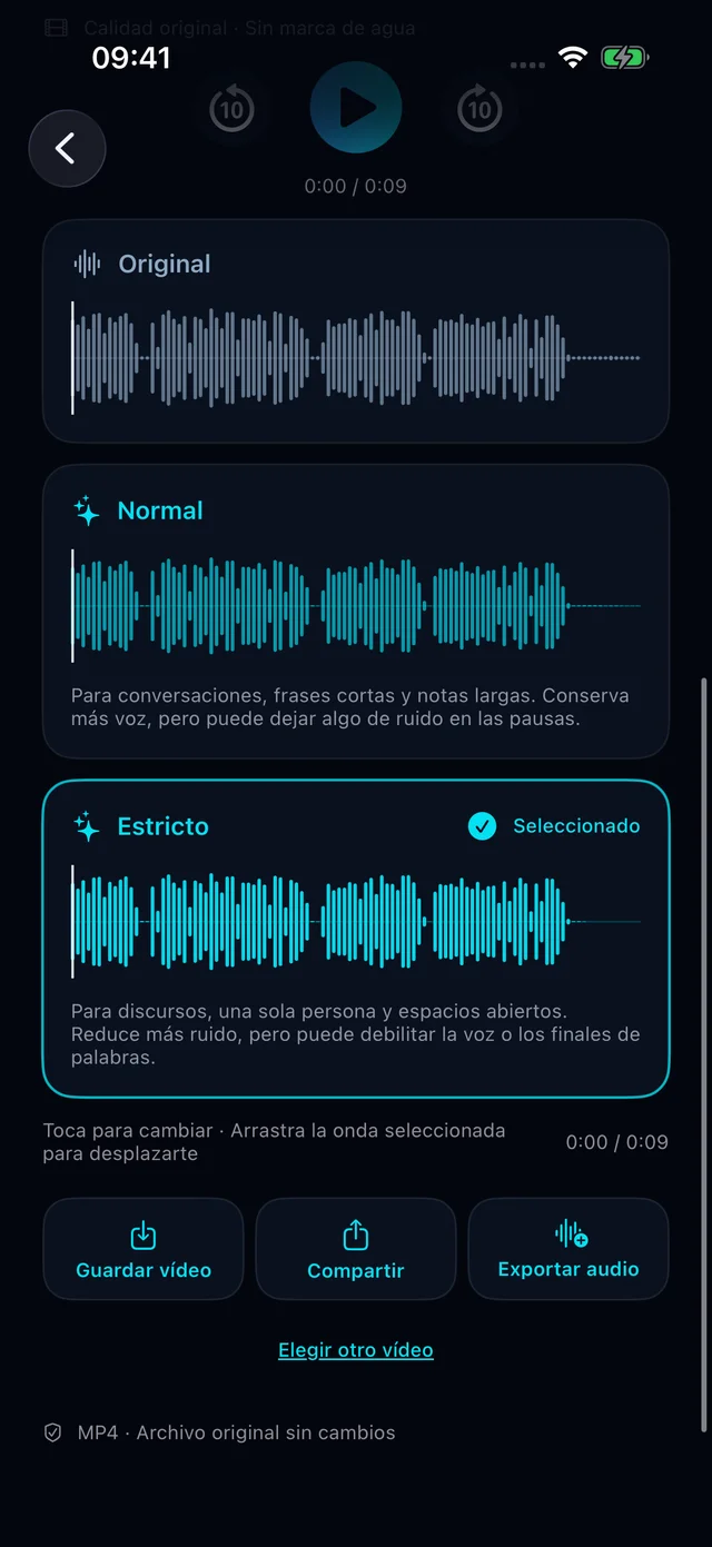HushVideo: pantalla real de modos de procesamiento