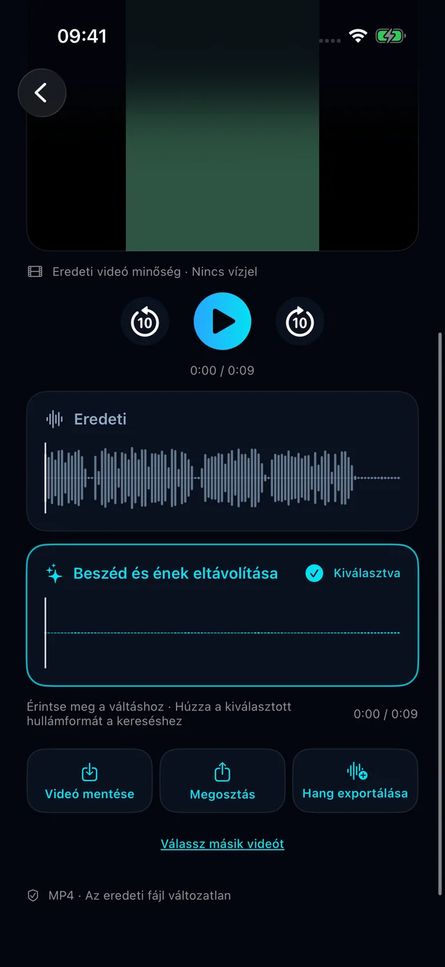 HushVideo alkalmazás: tényleges feldolgozási mód képernyő