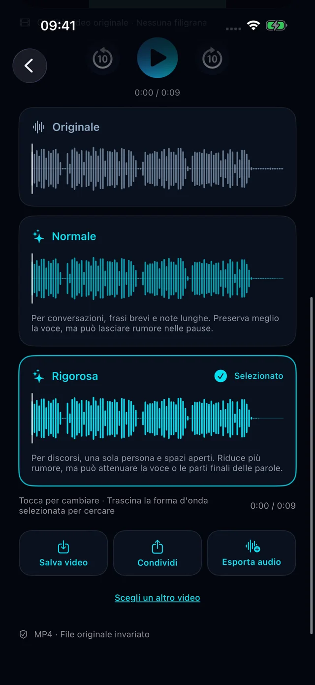 App HushVideo: schermata della modalità di elaborazione effettiva