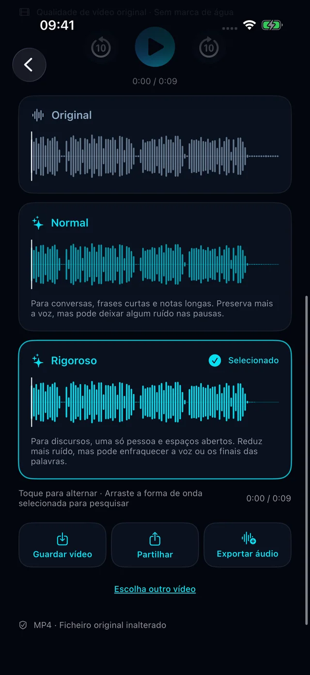 HushVideo: ecrã do modo de processamento real